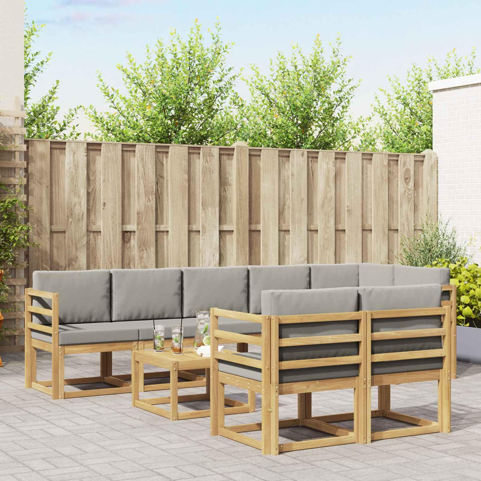 Udendørs sofagruppe i akacietræ - 9 dele, hvid/lysegrå, modulopbygget