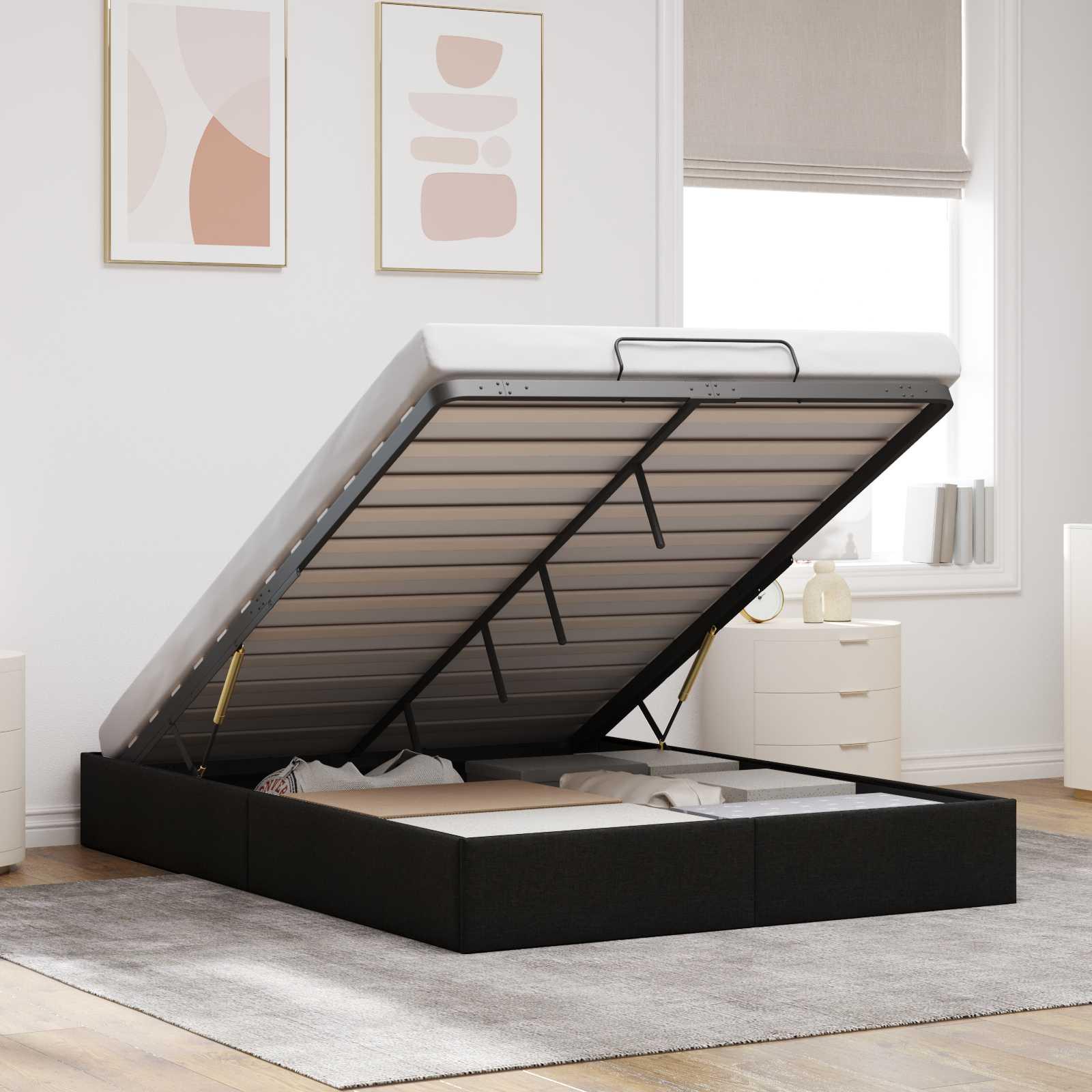 Ottoman sengestel med opbevaring - sort stof 153 × 203 cm