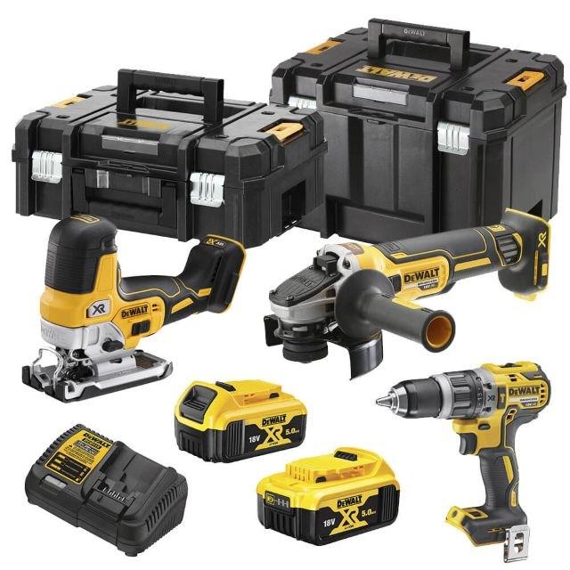 DeWALT 18V XR kombosæt DCK329P2T - boremaskine, vinkelsliber, stiksav + 2x5,0 Ah og TSTAK