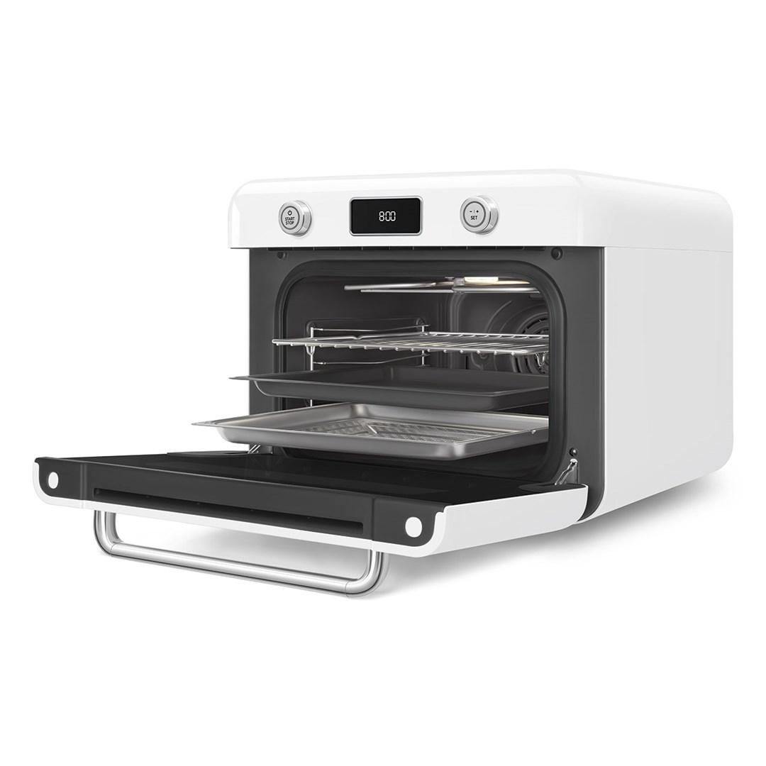 Smeg 50''s Style Bordplade Kombiovn COF01WHEU Hvid, Lille, 30 L, 40 - 230 °C, Kage, Kok, Fisk, Kød, Tærte, Pizza, Damp, Grøntsag, 1800 W, 3 hylder