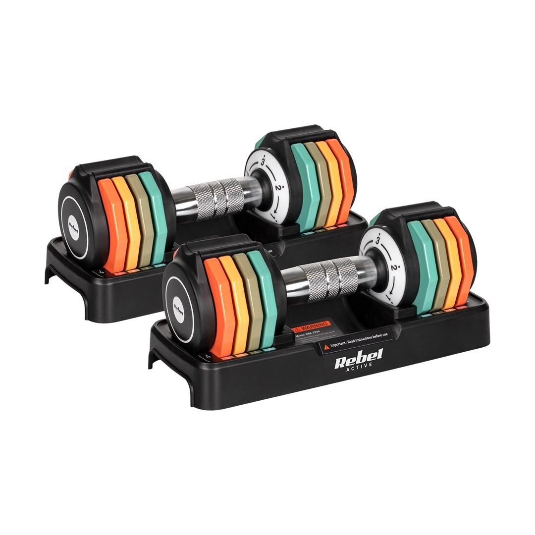 Automatisk justerbare håndvægte i støbejern, 2x5 kg sæt, 1 kg-trin, REBEL ACTIVE