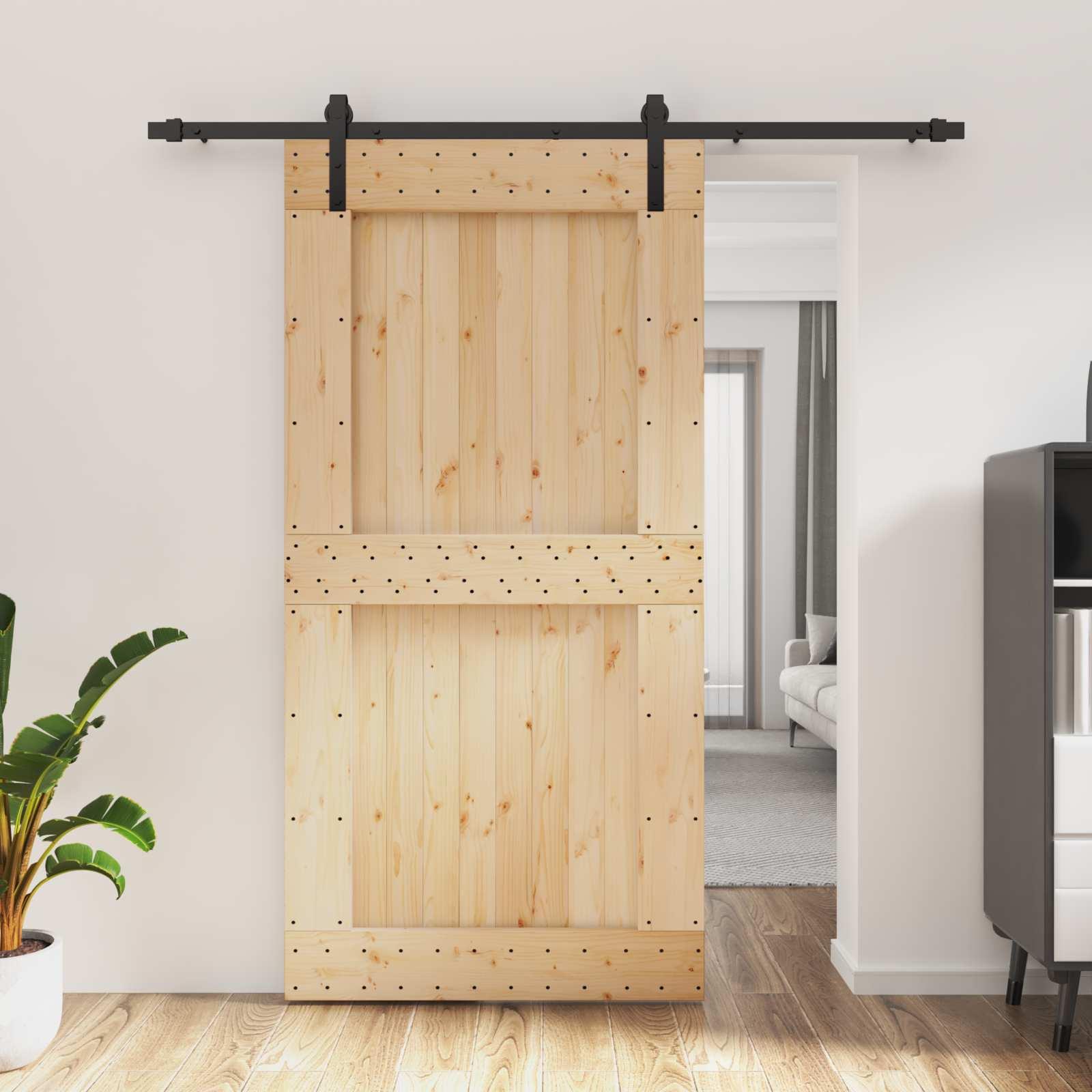 Skydedør i massivt fyrretræ - natur/sort 100 × 210 cm