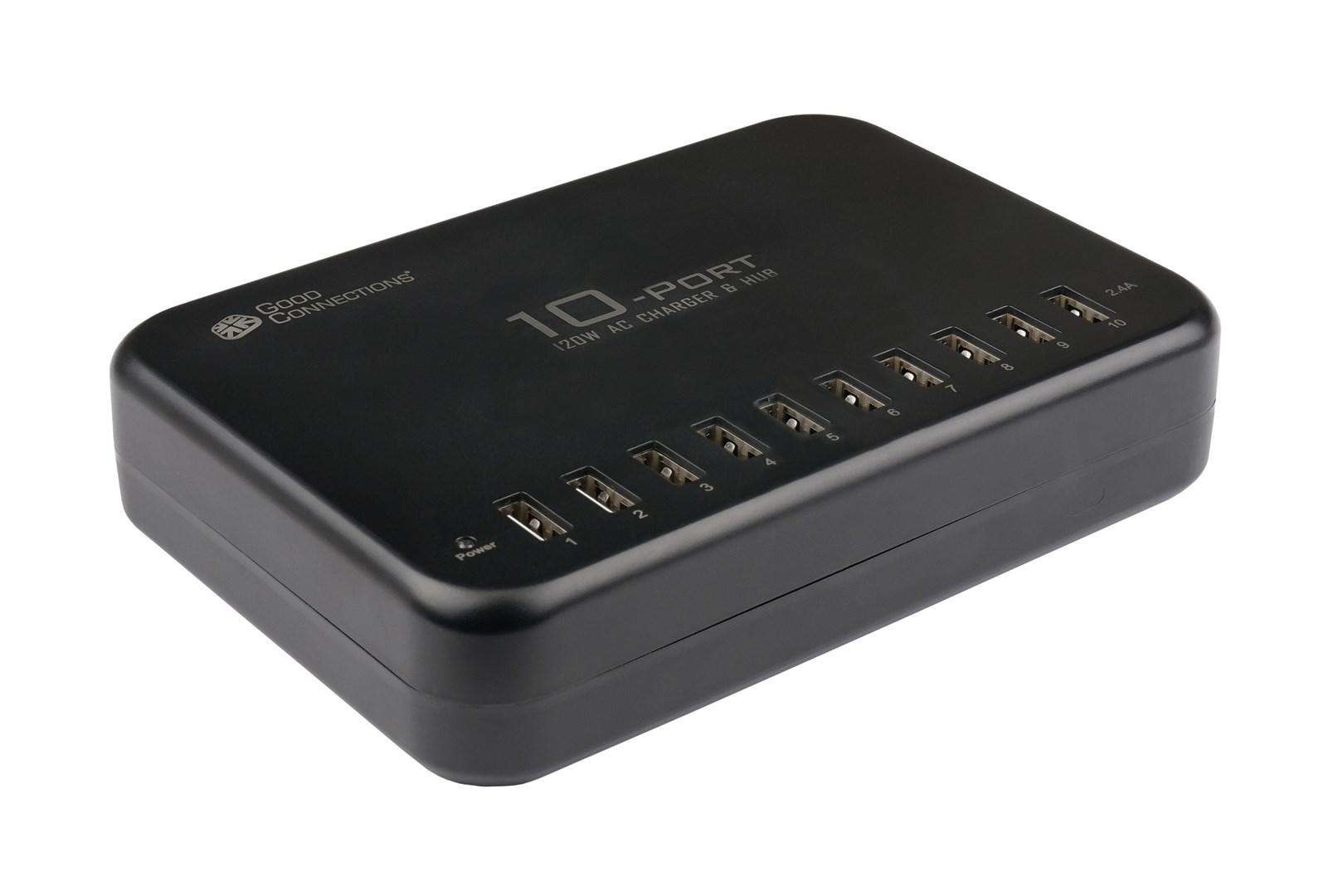 10‑port USB opladerhub - 120 W AC, indendørs, sort