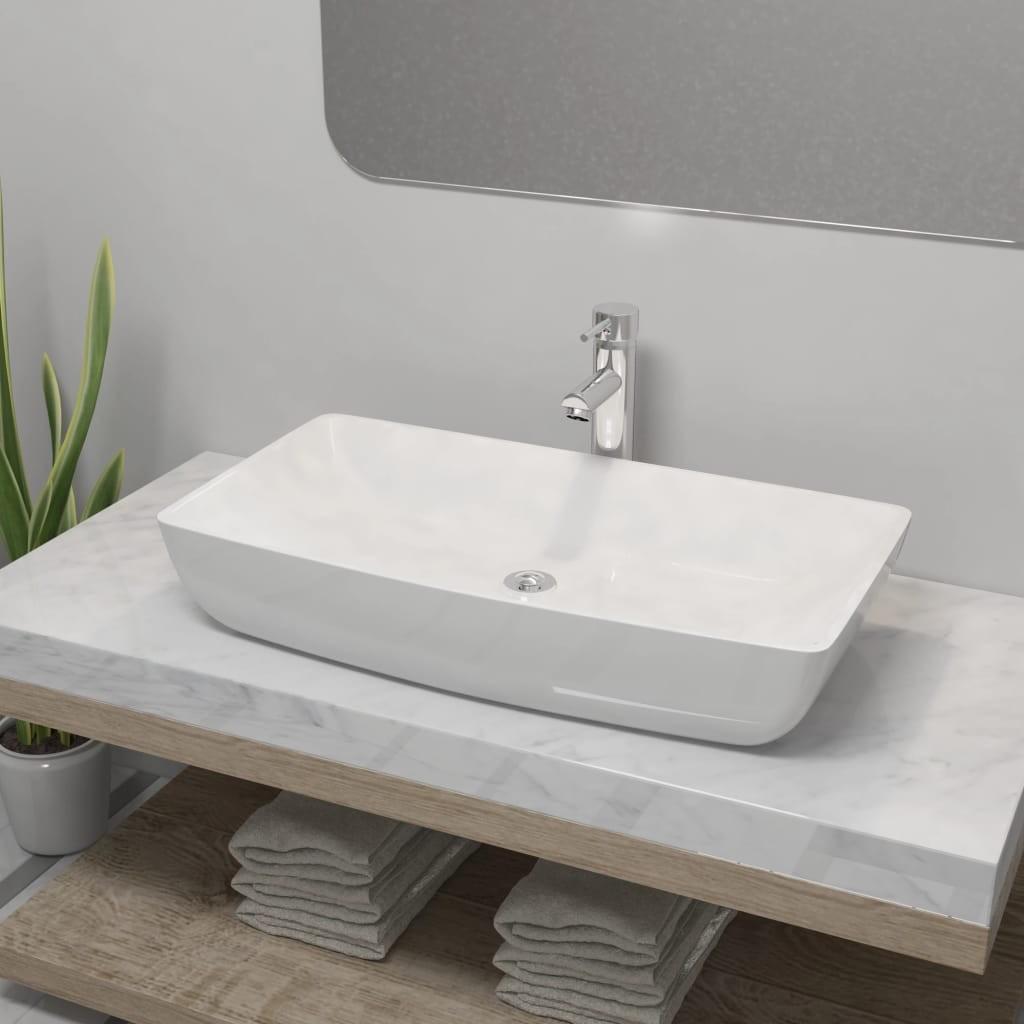 Se Badeværelseshåndvask med blandingsbatteri keramik rektangulær hvid hos Boligcenter.dk