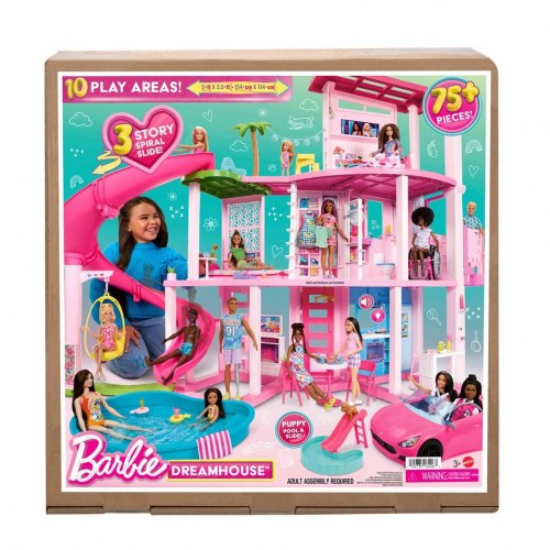 MATTEL Barbie Dreamhouse - dukkehus med poolfest, 3 etager og rutsjebane (75+ dele)