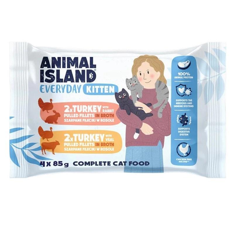 ANIMAL ISLAND Everyday Kitten - vådfoder til killinger, kalkun med kanin & kalkun med kalv, 4×85 g