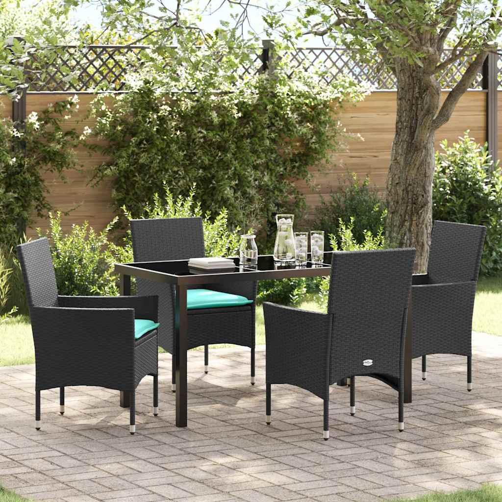 Havebord- og stolesæt i sort PE rattan med puder - 5 dele