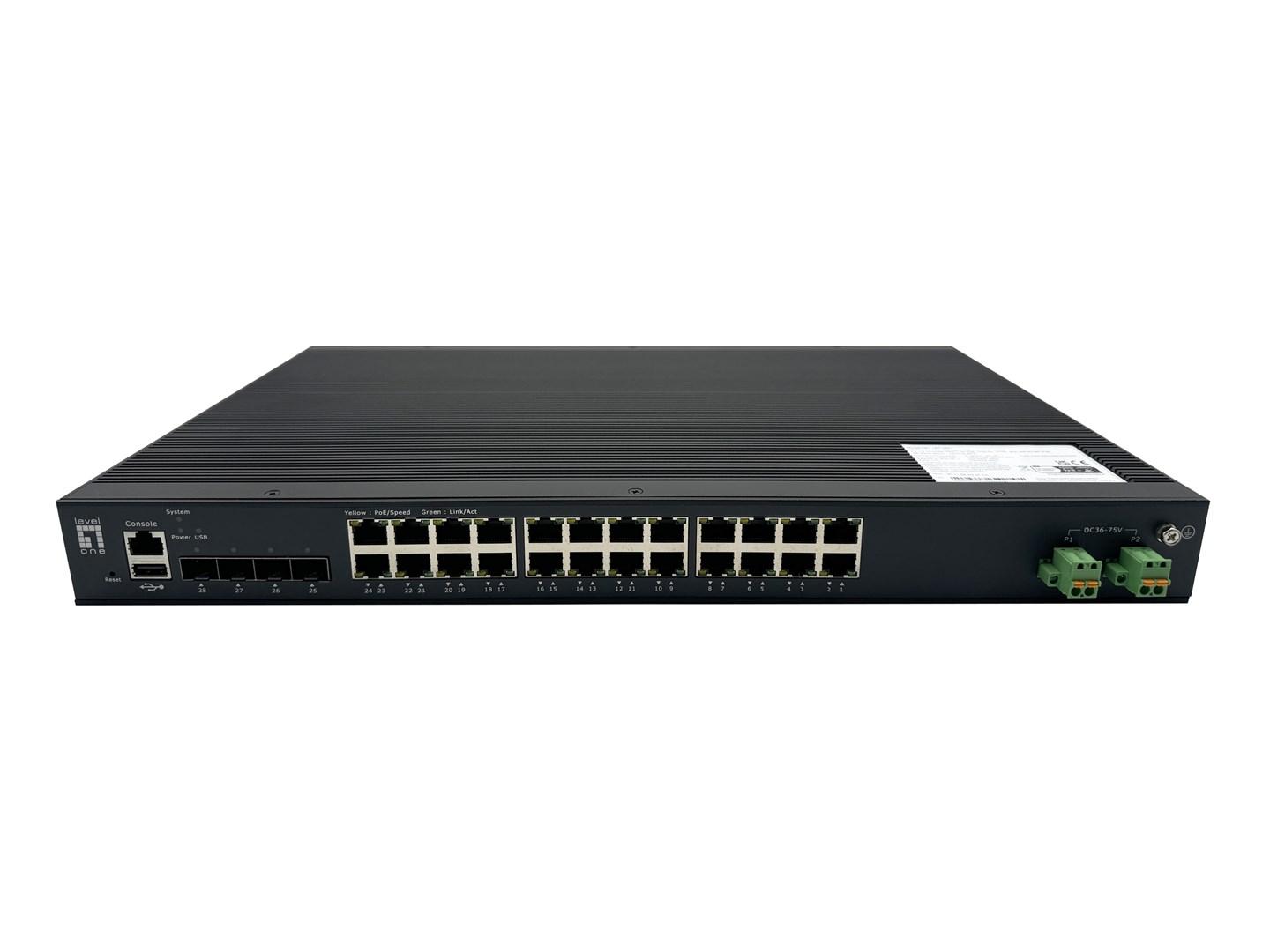 LevelOne 28-port L2+ administreret PoE industriswitch - 4 x 1/2,5/10GbE SFP+, 24 PoE, 370 W, 19" rack, -40°C til 80°C billede