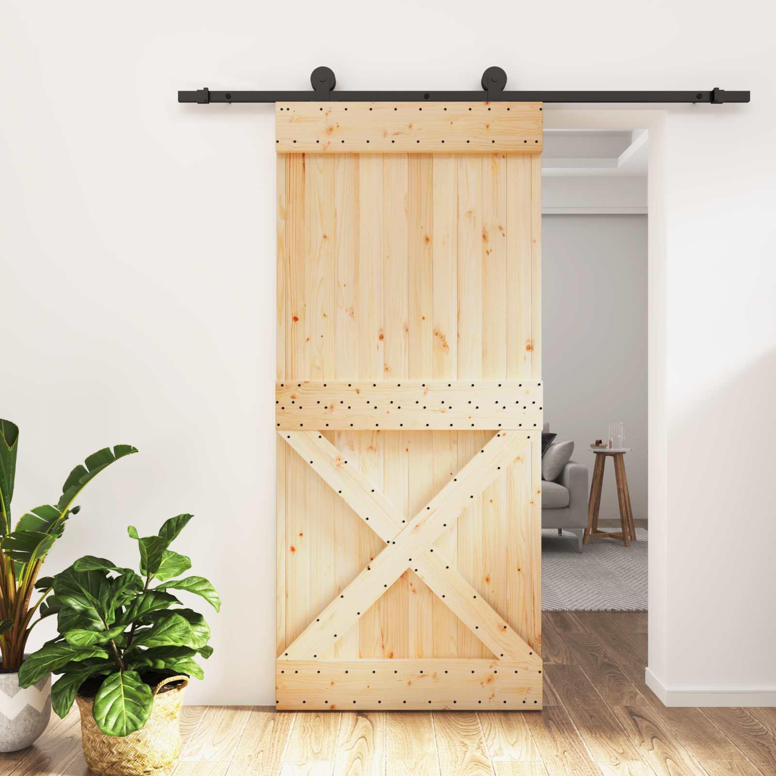 Skydedør i massivt fyrretræ - natur/sort 95 × 210 cm