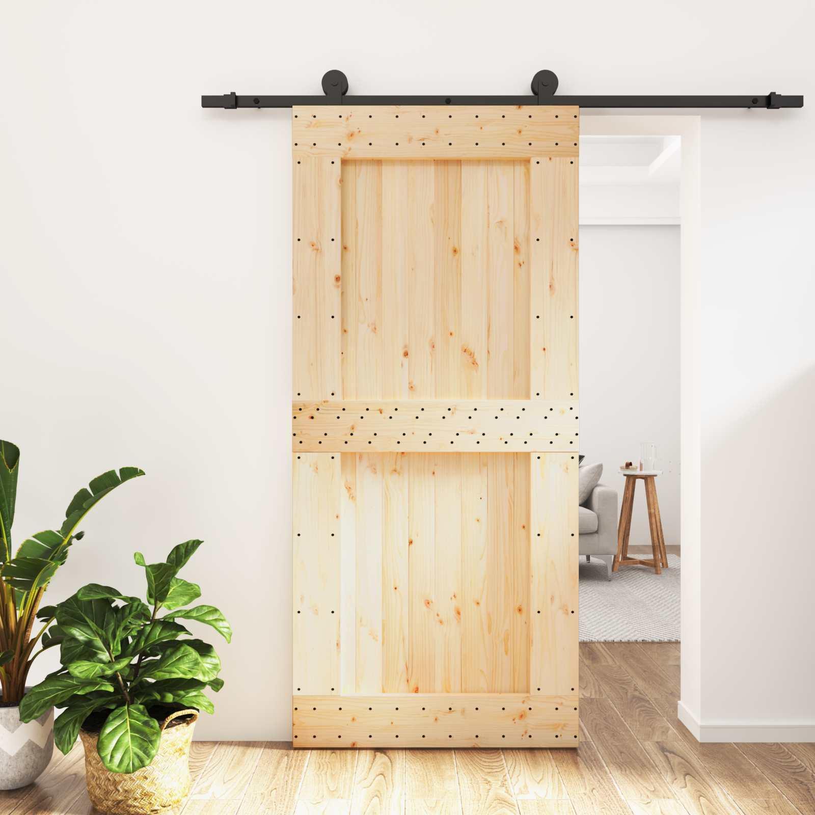 Skydedør i massivt fyrretræ - natur/sort 95 × 210 cm