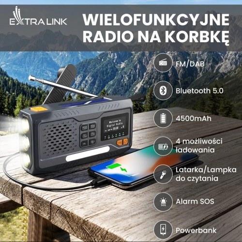 Extralink BT-4000 nødradio med DAB/FM, Bluetooth og sol-/dynamo-powerbank - Sort/Orange