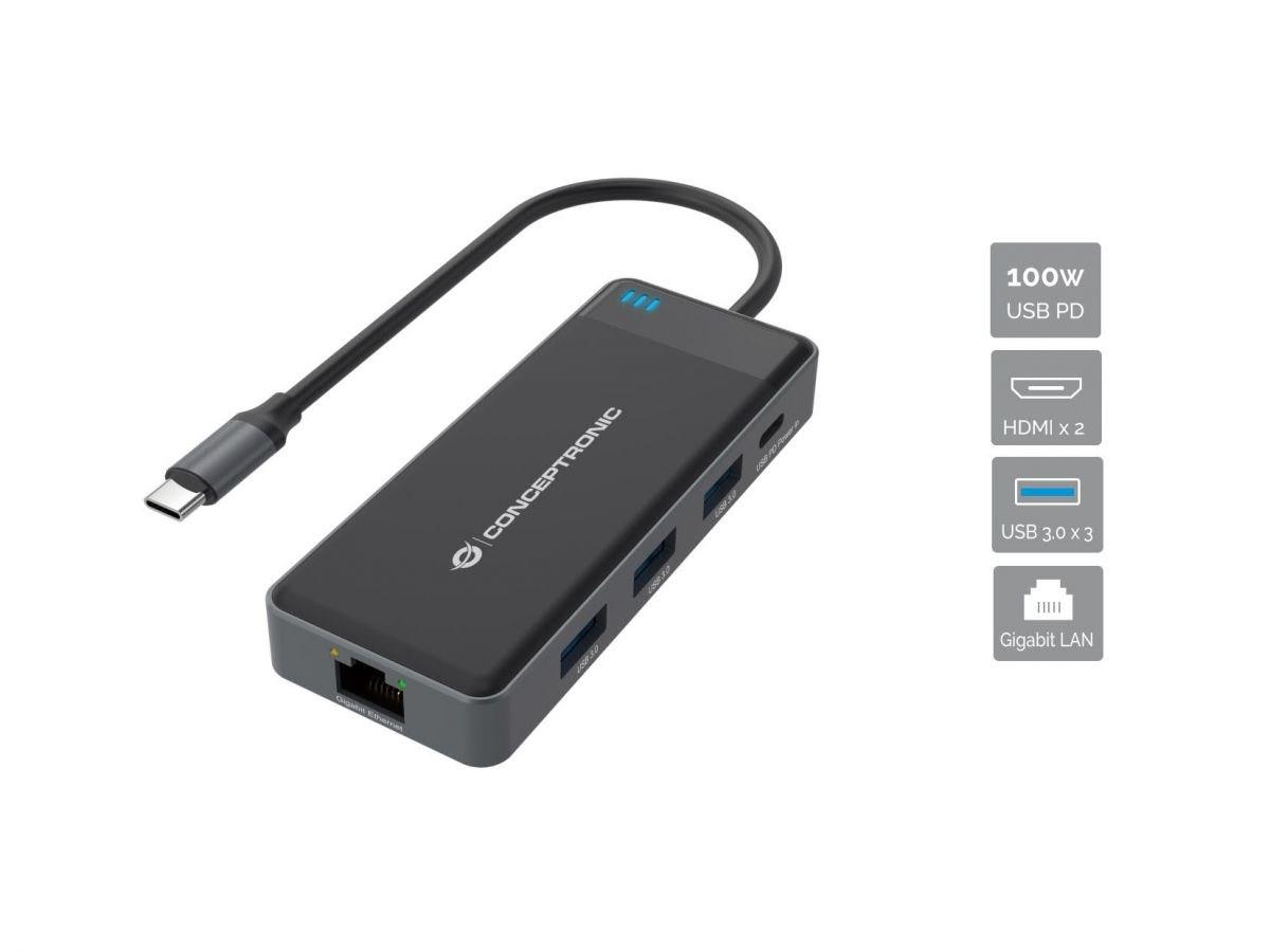 Conceptronic DONN14G USB-C dockingstation - 2× HDMI, 3× USB 3.2, Gigabit LAN, 100 W PD - Grå billede