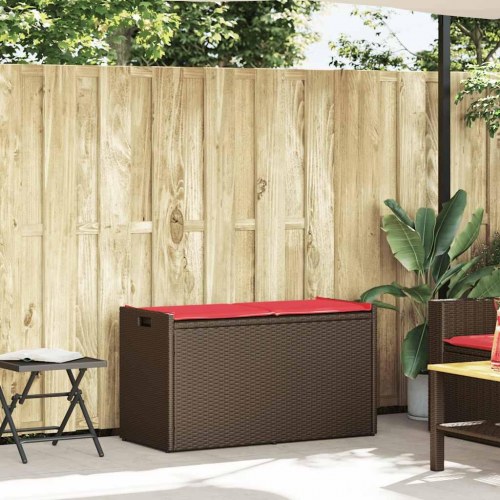 Udendørs opbevaringsbænk med hynde 100 cm - polyrattan, brun