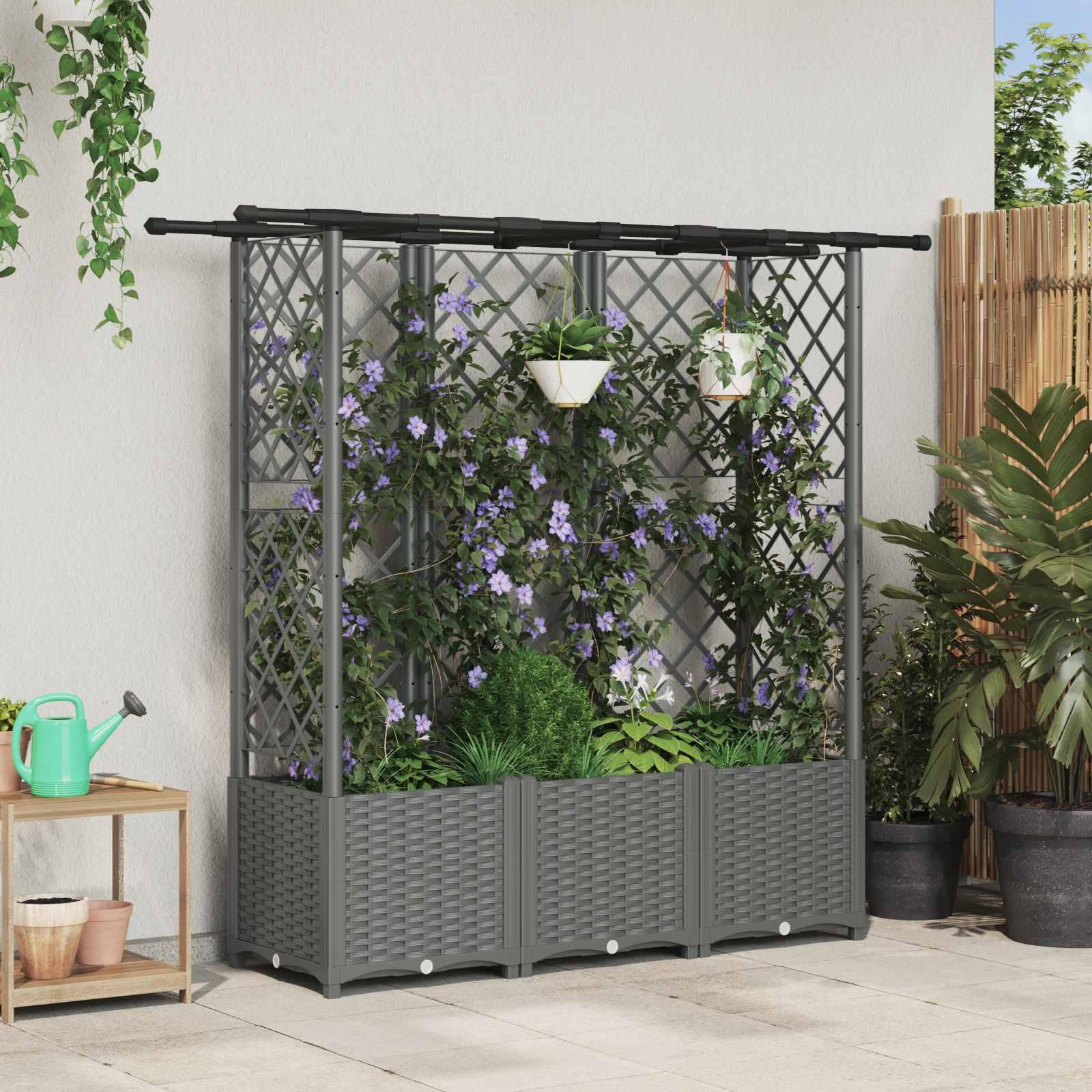 Hævet bed med trellis og tag - lysegrå 163,5 × 40 × 136 cm (PP)