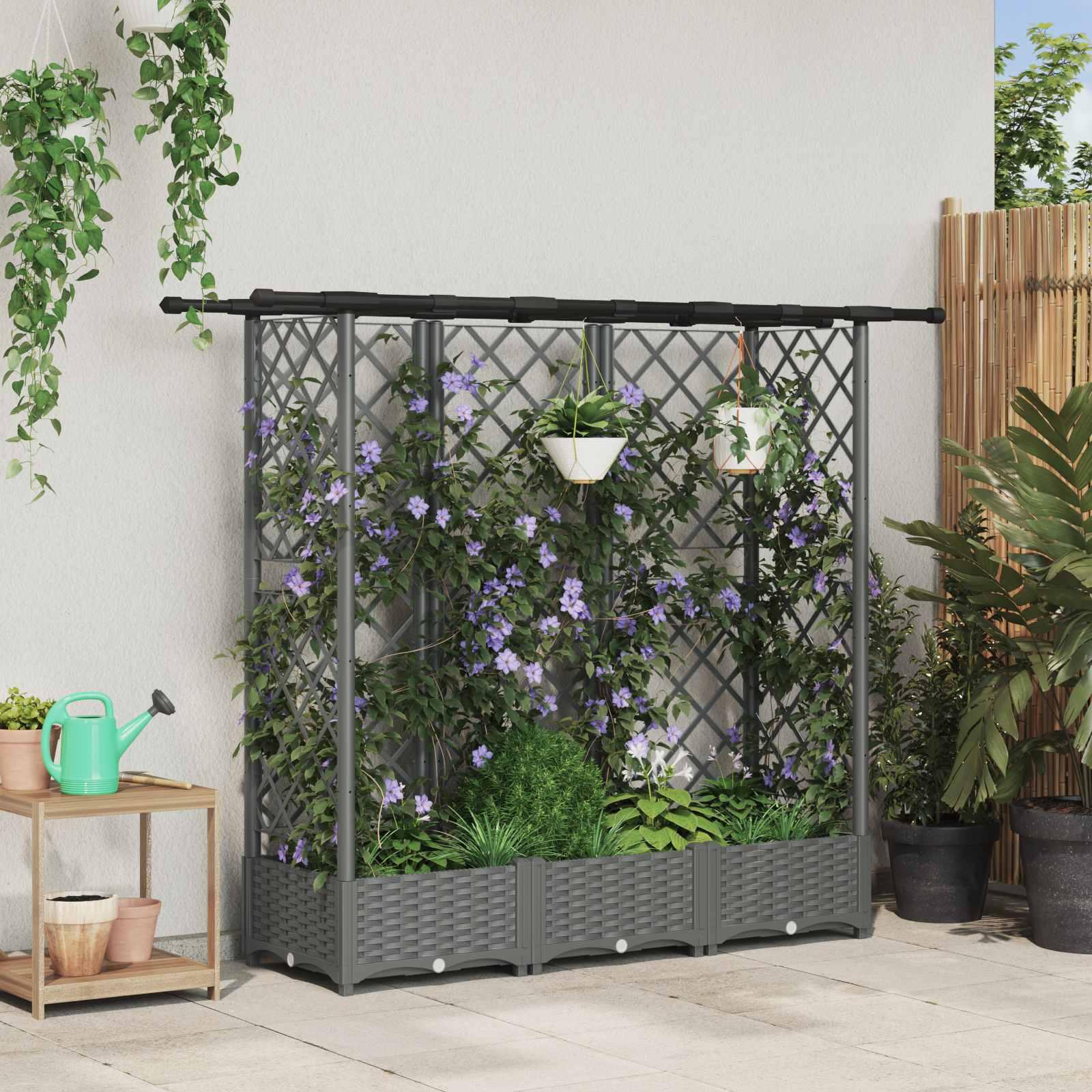 Hævet bed med trellis og tag - lysegrå 164 × 40 × 121 cm (PP)