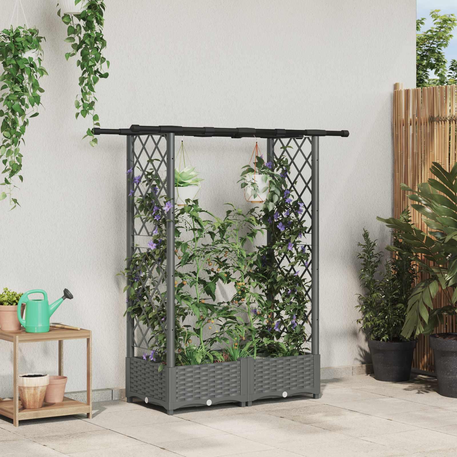Hævet bed med trellis og tag - lysegrå PP 122,5 × 40 × 121 cm