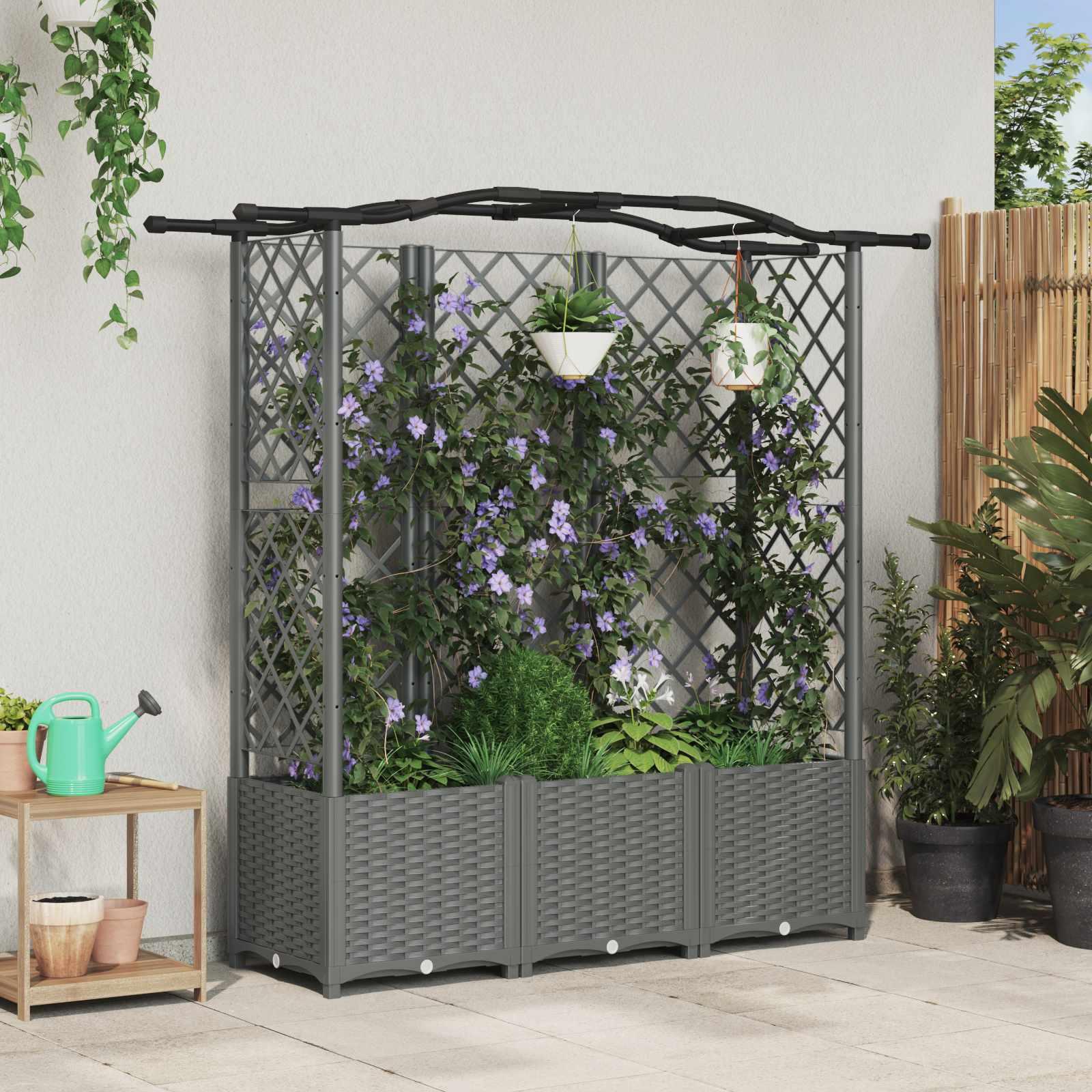 Hævet bed med trellis og tag - lysegrå 163 × 40 × 138 cm, PP