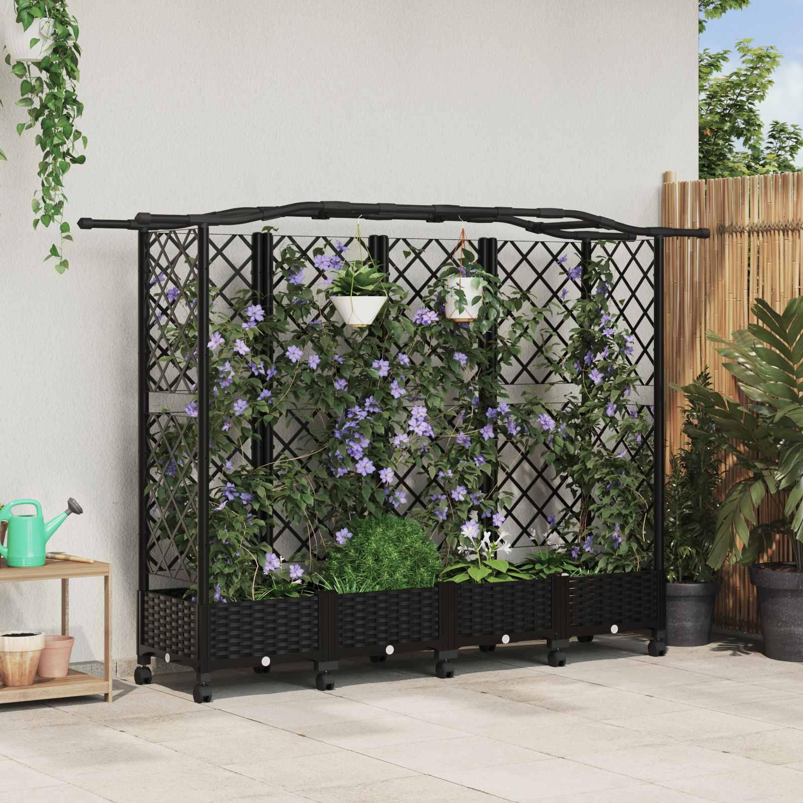 Hævet bed med trellis og tag - sort PP, 203,5 × 40 × 129 cm