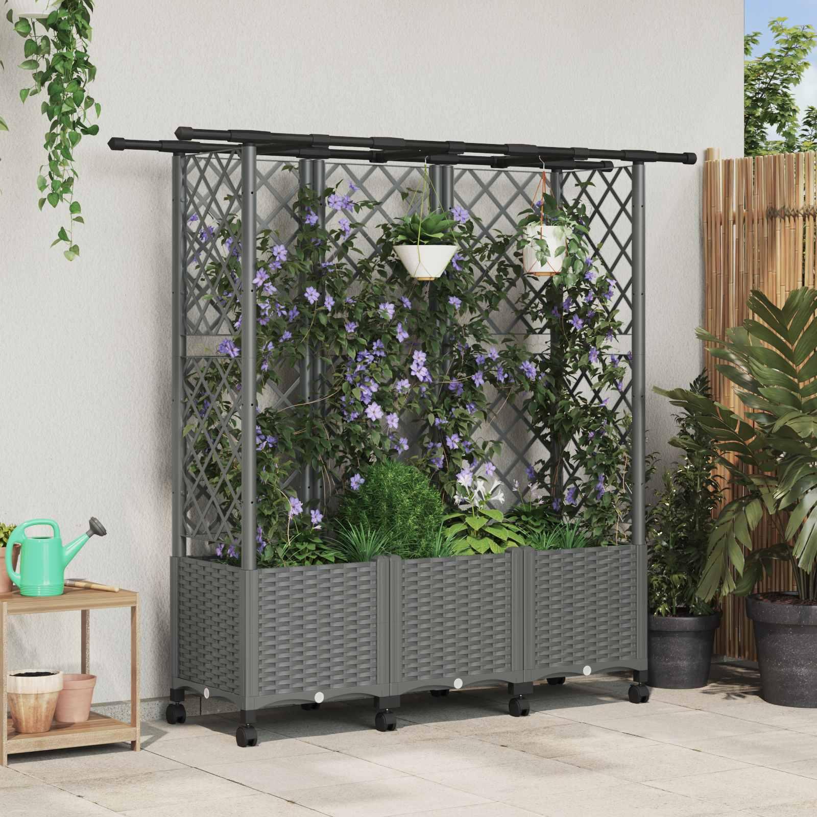 Hævet bed med trellis og tag - lysegrå 163,5 × 40 × 142 cm, PP