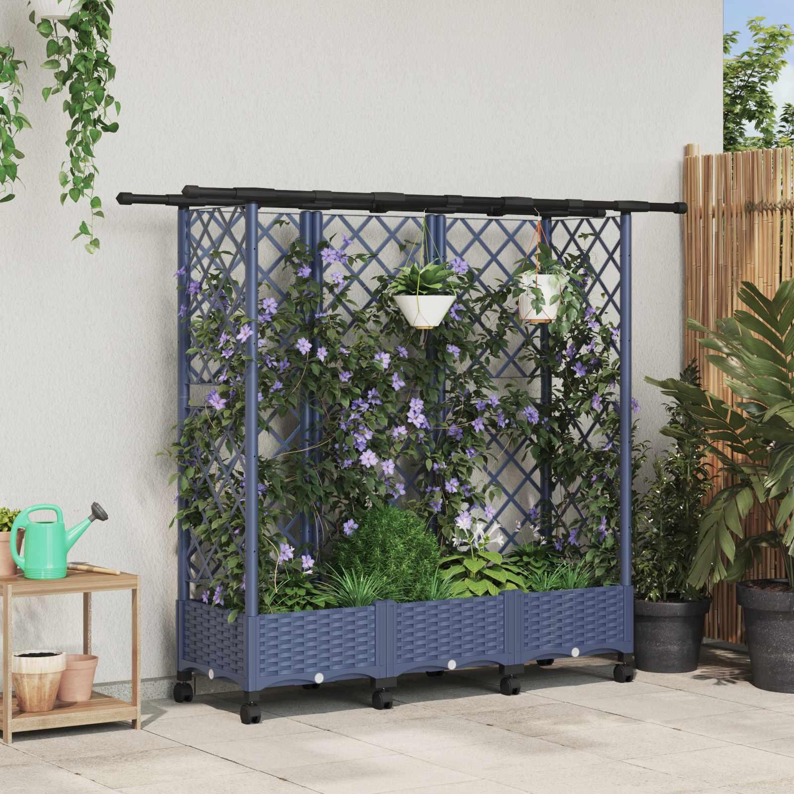 Hævet bed med trellis og tag - grå 164 × 40 × 127 cm, PP på hjul