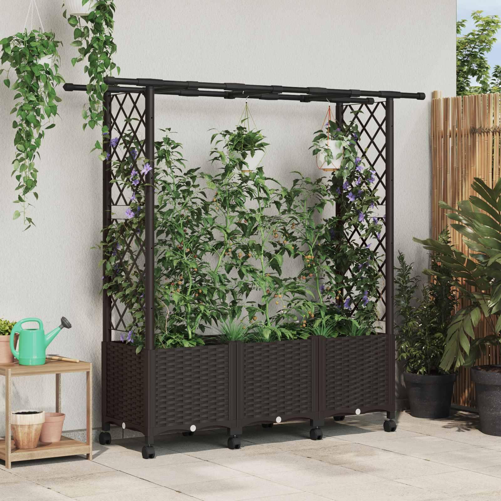 Hævet bed med trellis og tag - brun PP, 162,5 × 40 × 142 cm