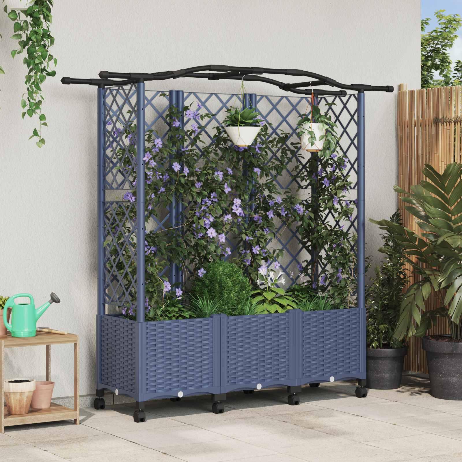 Hævet bed med trellis og tag - grå PP, 163 × 40 × 144 cm
