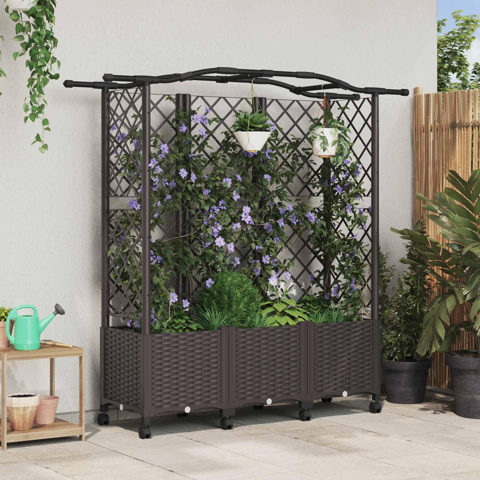 Hævet bed med trellis og tag - brun 163 × 40 × 144 cm (PP)