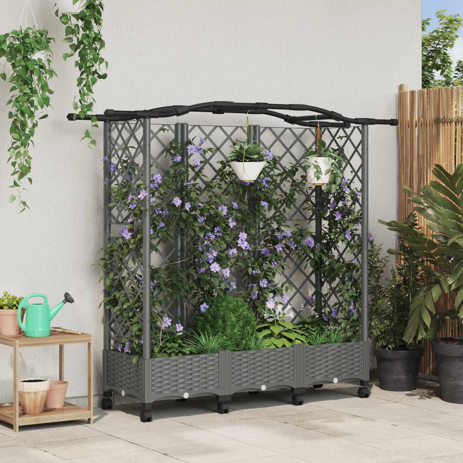 Hævet bed med trellis og tag - lysegrå 163 × 40 × 129 cm PP