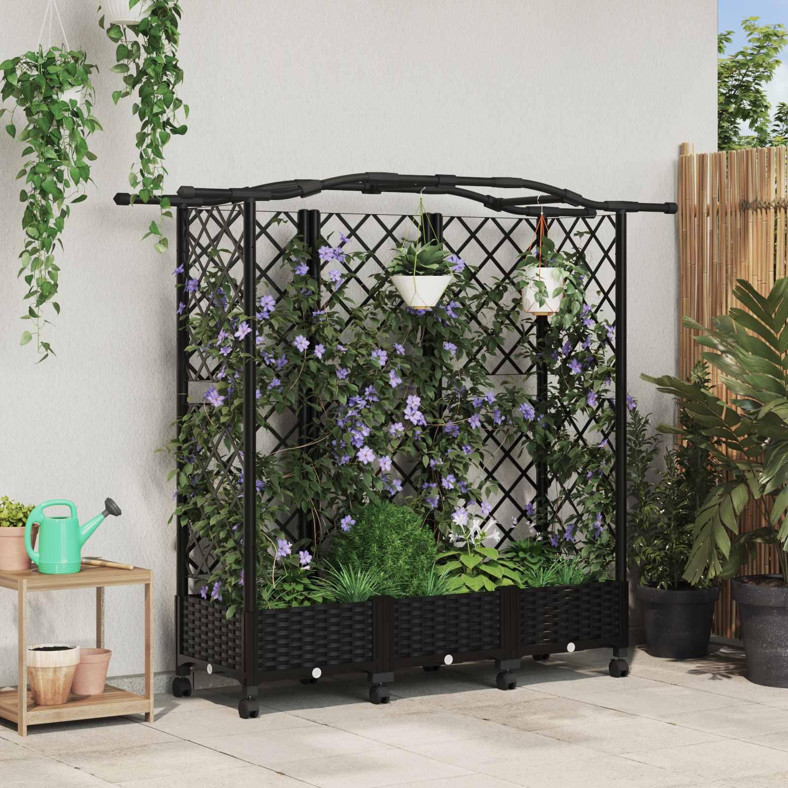 Hævet bed med trellis og tag - sort PP, 163 × 40 × 129 cm