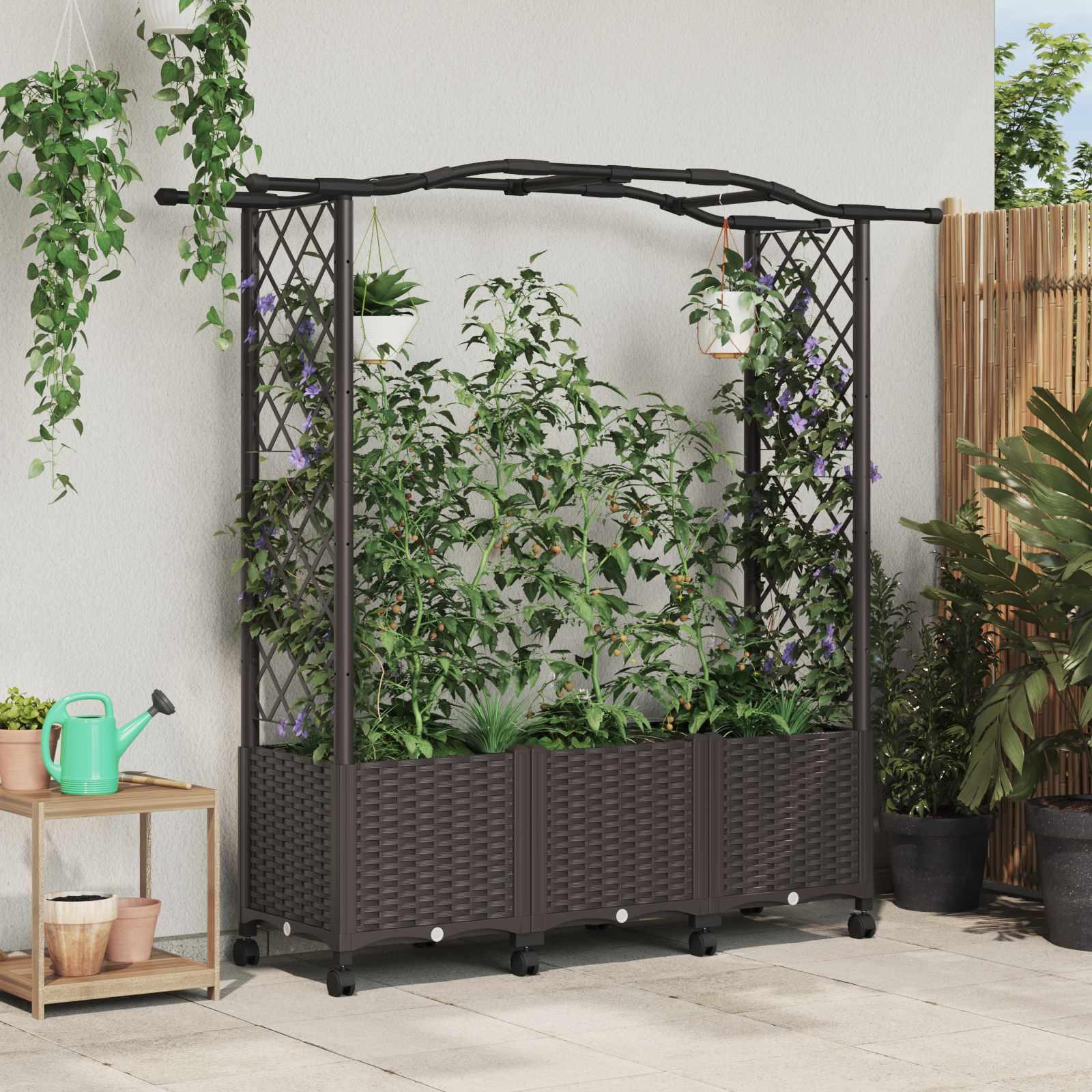 Hævet bed med trellis og tag - brun PP 164 × 40 × 144 cm på hjul