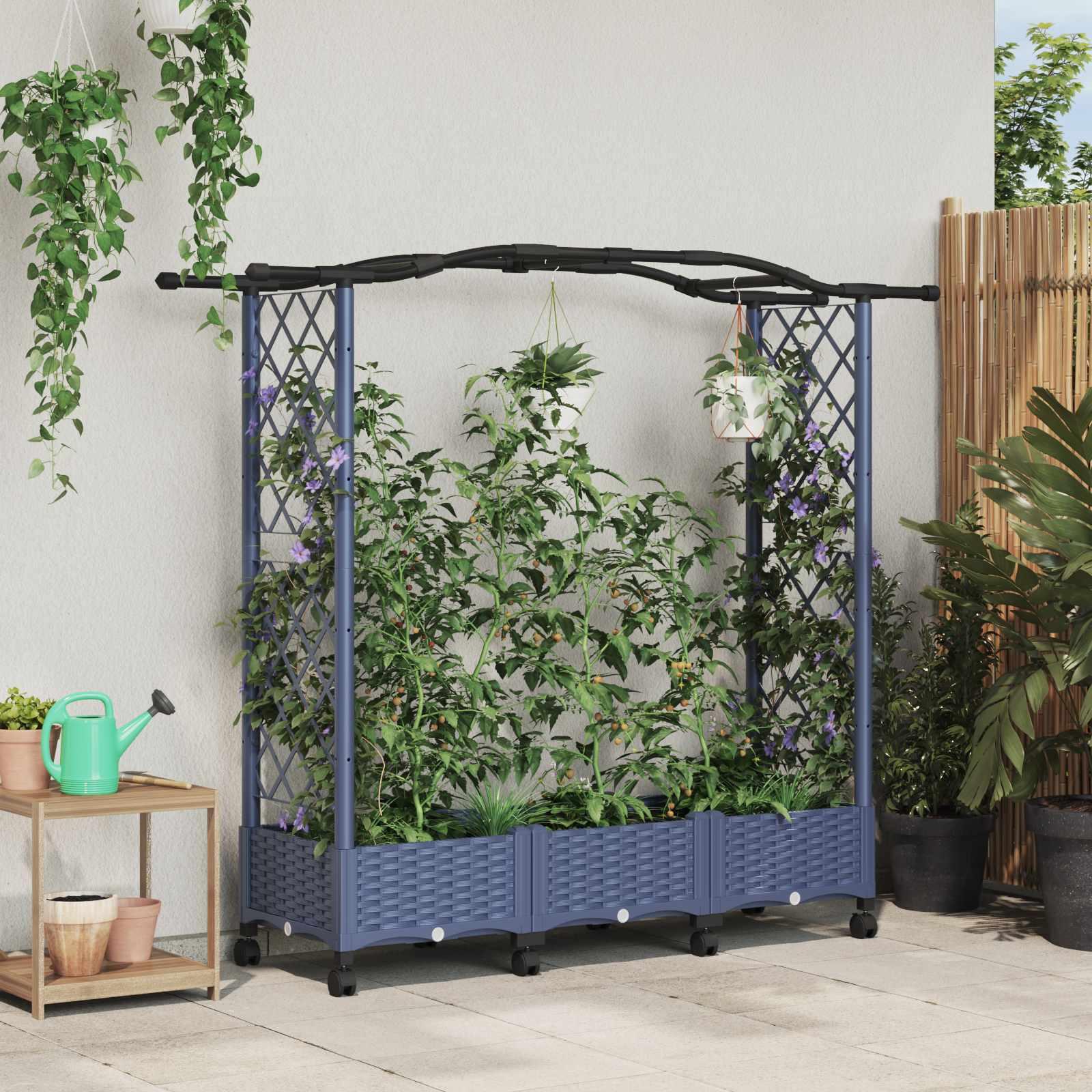Hævet bed med trellis og tag - grå PP, 169 × 40 × 129 cm