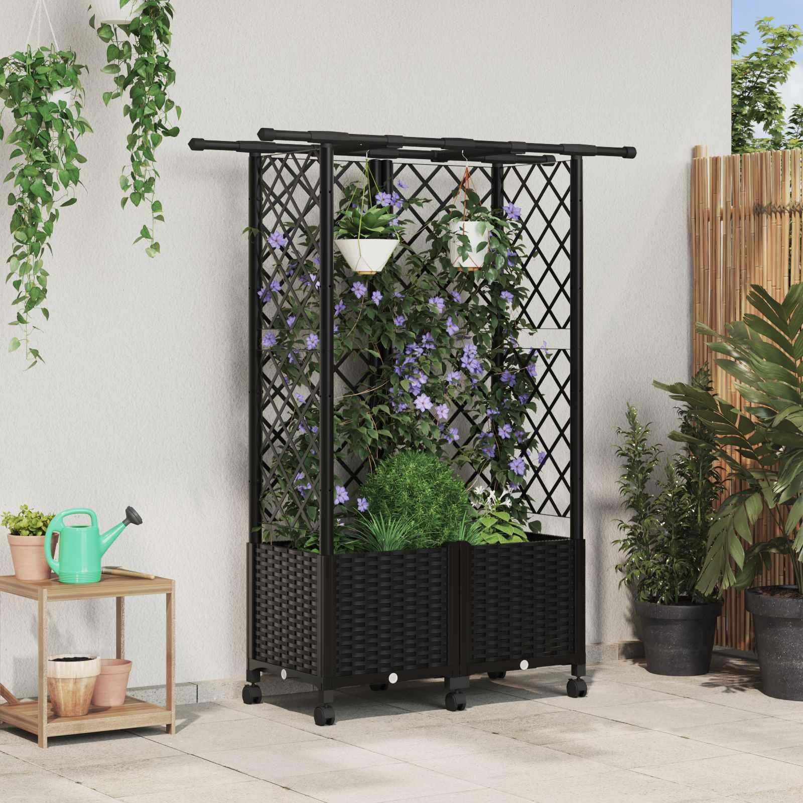 Hævet bed med trellis og tag - sort PP, 124 × 40 × 142 cm