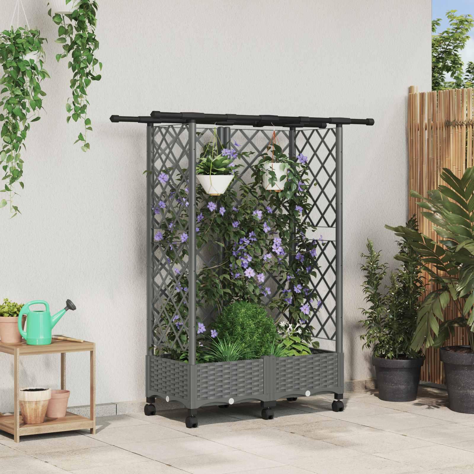 Hævet bed med trellis og tag - lysegrå 124 × 40 × 127 cm (PP)