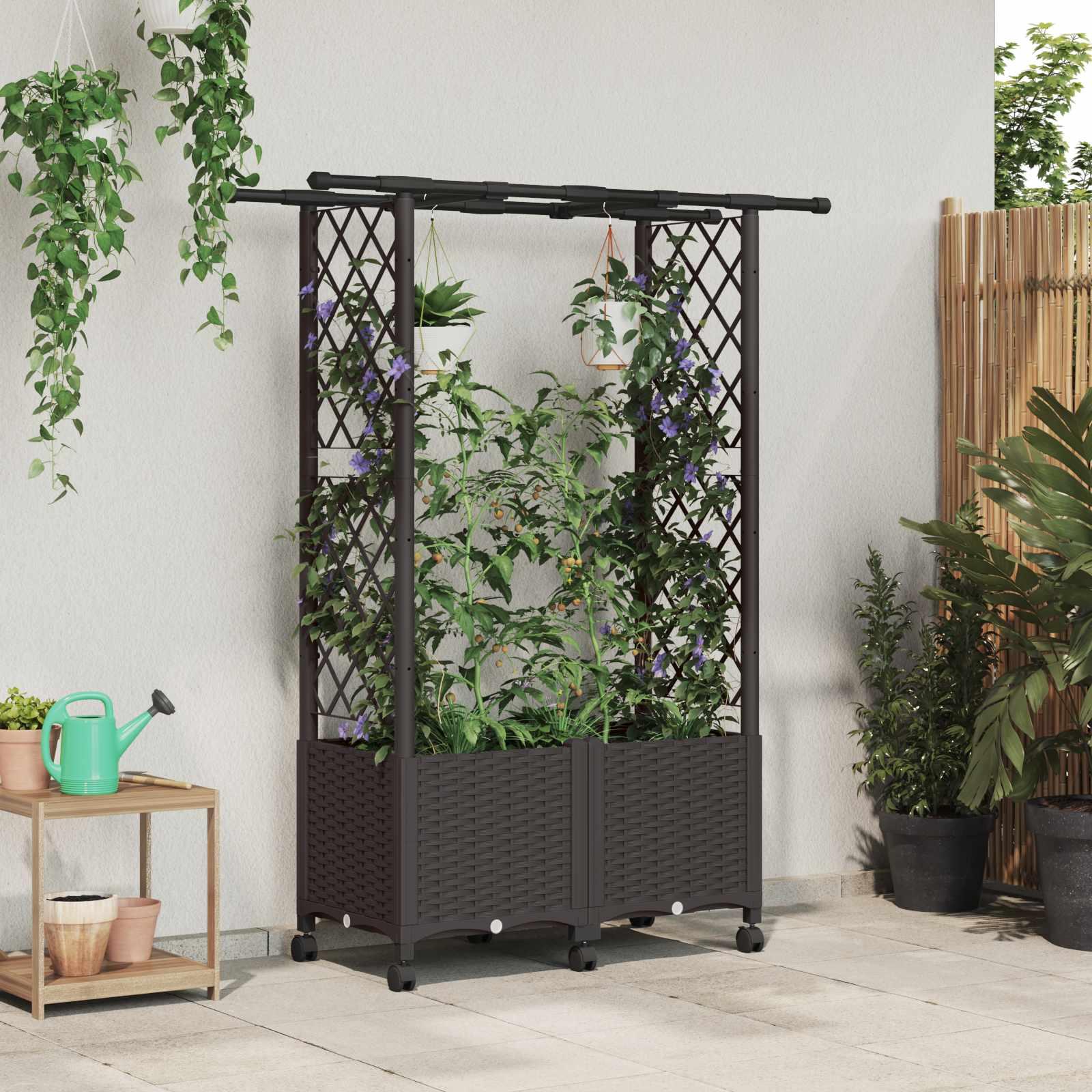 Hævet bed med trellis og tag - brun PP, 124,5 × 40 × 142 cm