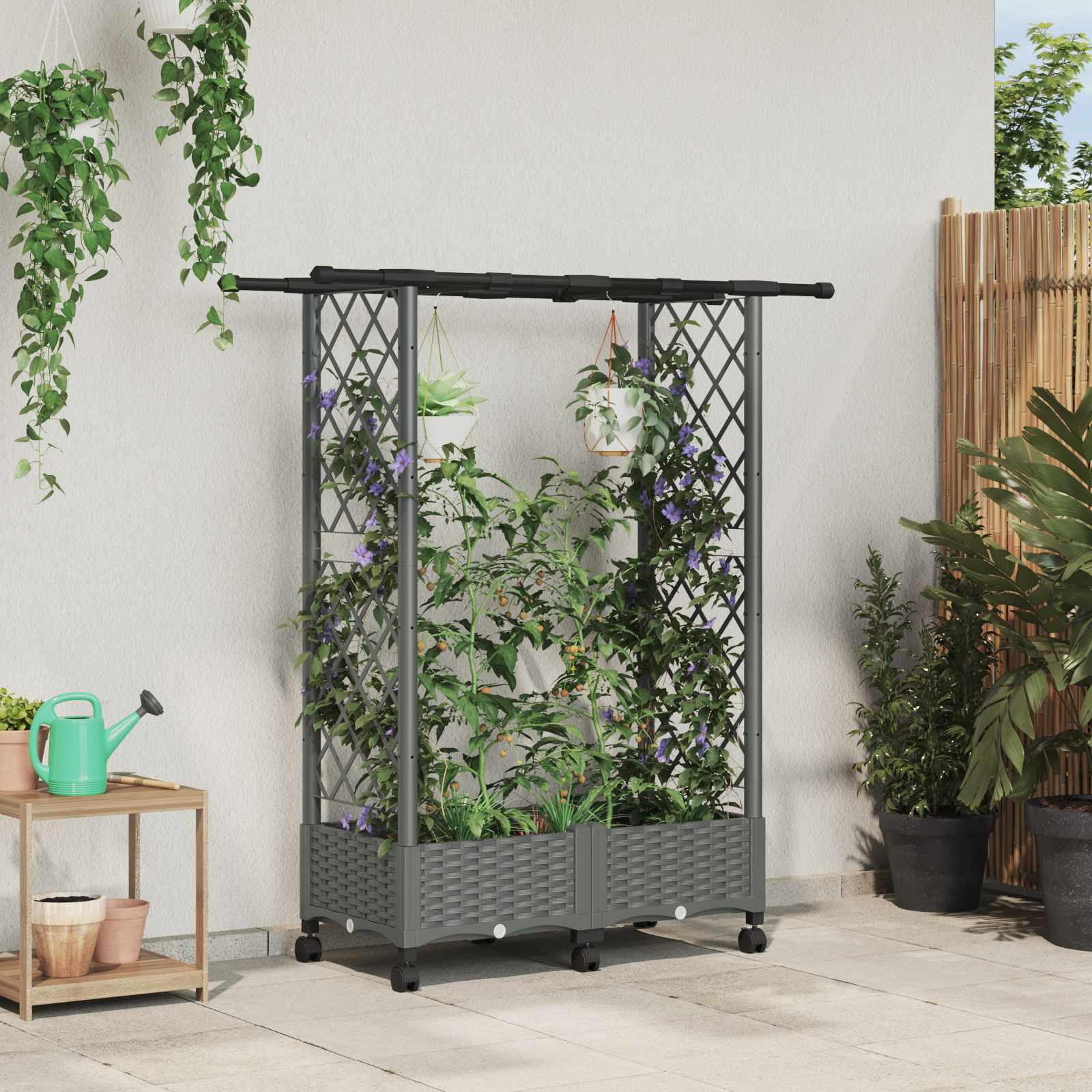 Hævet bed med trellis og tag - lysegrå 122,5 × 40 × 127 cm, PP
