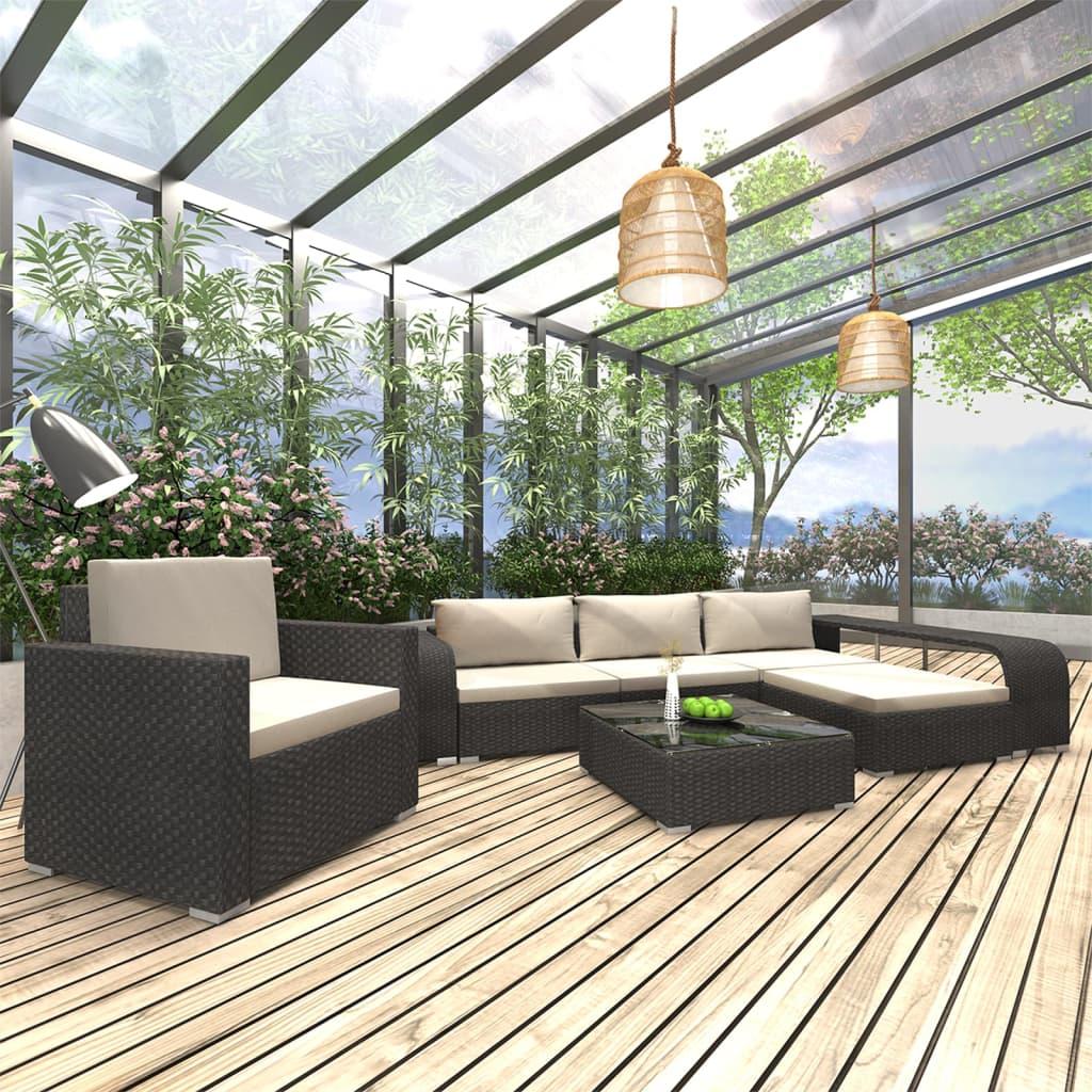 Loungesæt til haven 8 dele med hynder i polyrattan - sort/creme