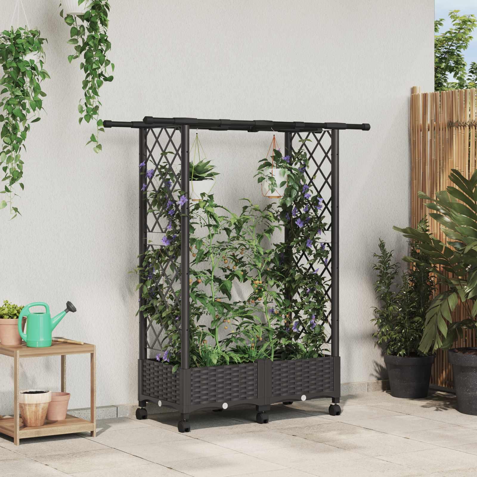 Hævet bed med trellis og tag - brun 122,5 × 40 × 127 cm (PP)