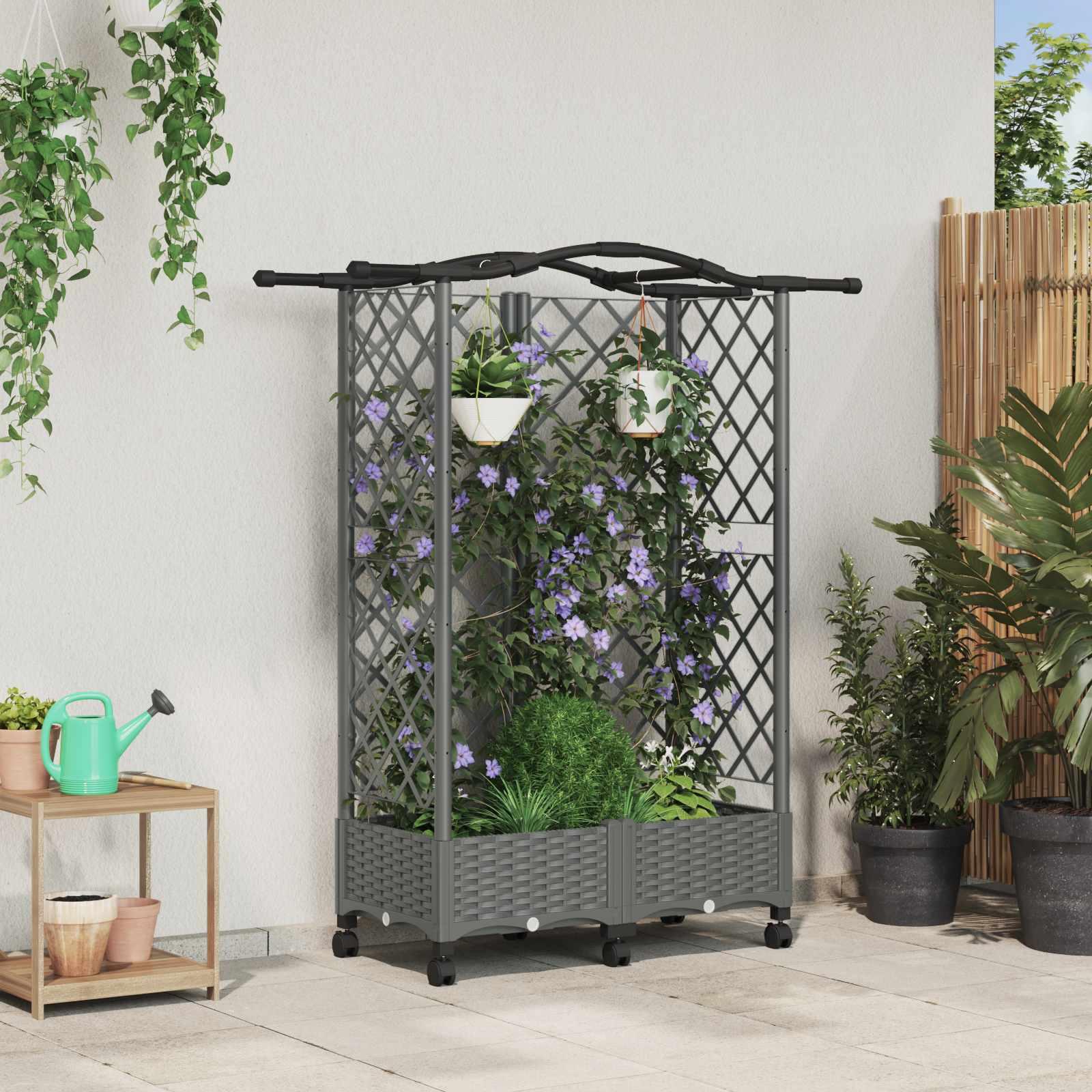 Hævet bed med trellis og tag - lysegrå 124 × 40 × 129 cm (PP)