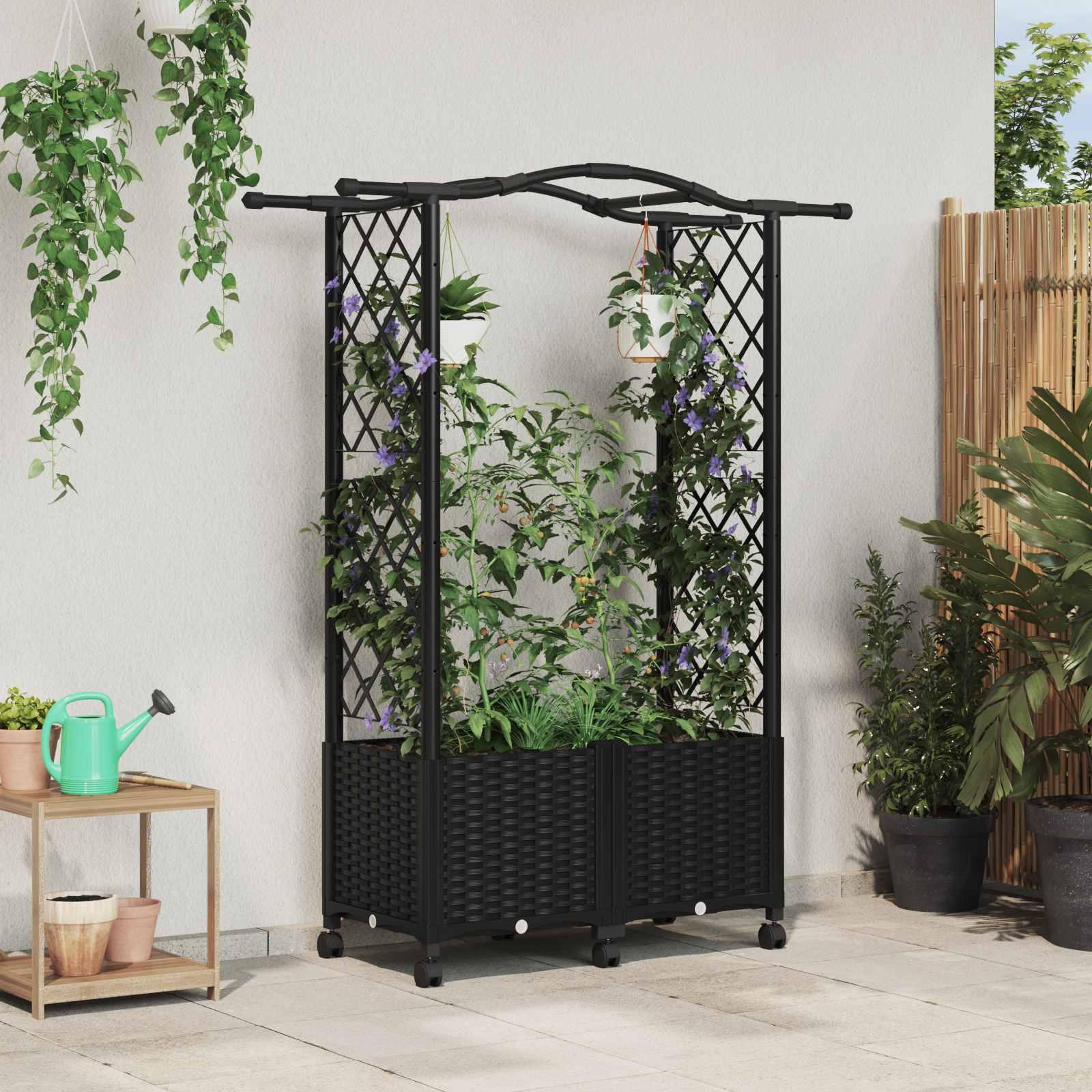 Hævet bed med trellis og tag - sort PP 125 × 40 × 144 cm på hjul