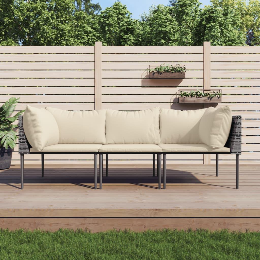 Loungesæt til haven - 3 dele i grå polyrattan med beige hynder
