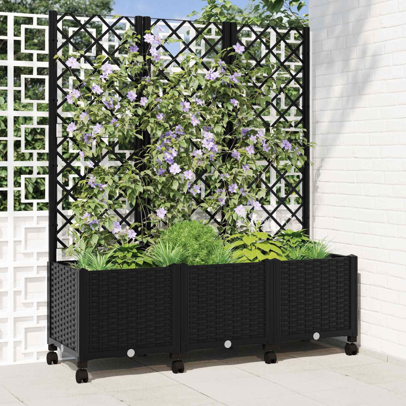 Haveplantekasse med espalier og hjul - sort PP 120 × 40 × 146 cm