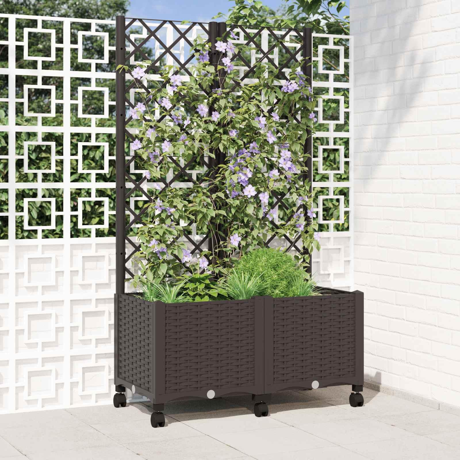 Haveplantekasse med espalier og hjul - brun PP 80 × 40 × 146 cm
