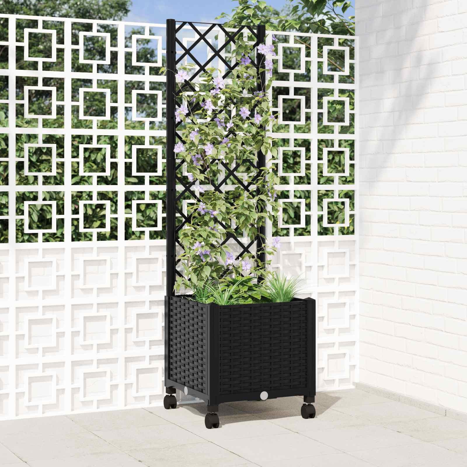 Haveplantekasse med espalier og hjul - sort PP 40 × 40 × 146 cm