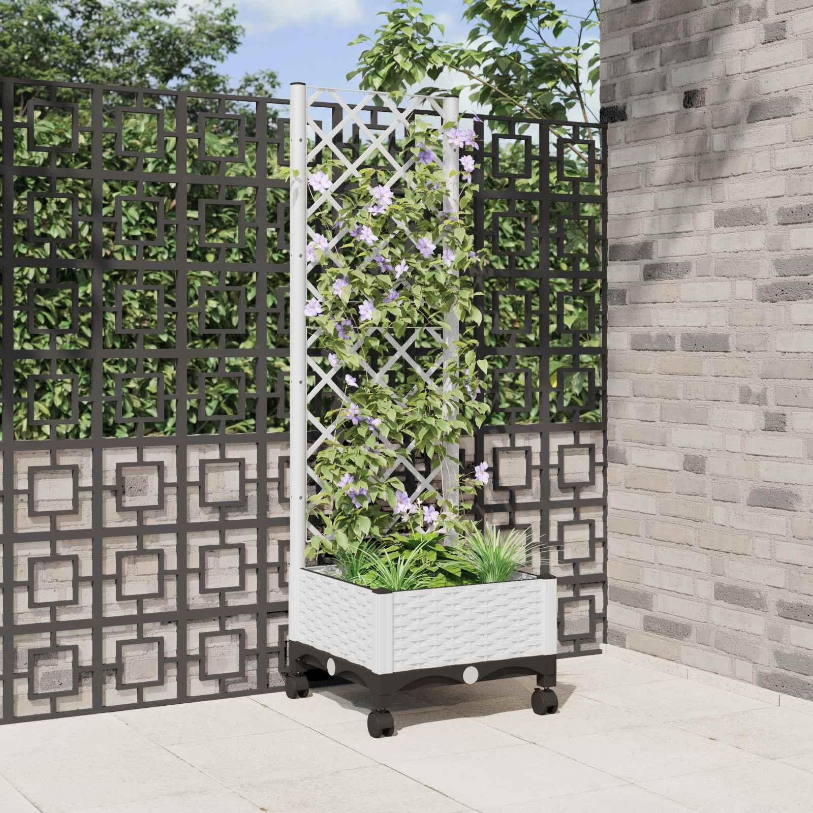 Haveplantekasse med espalier og hjul - hvid PP 40 × 40 × 131,5 cm