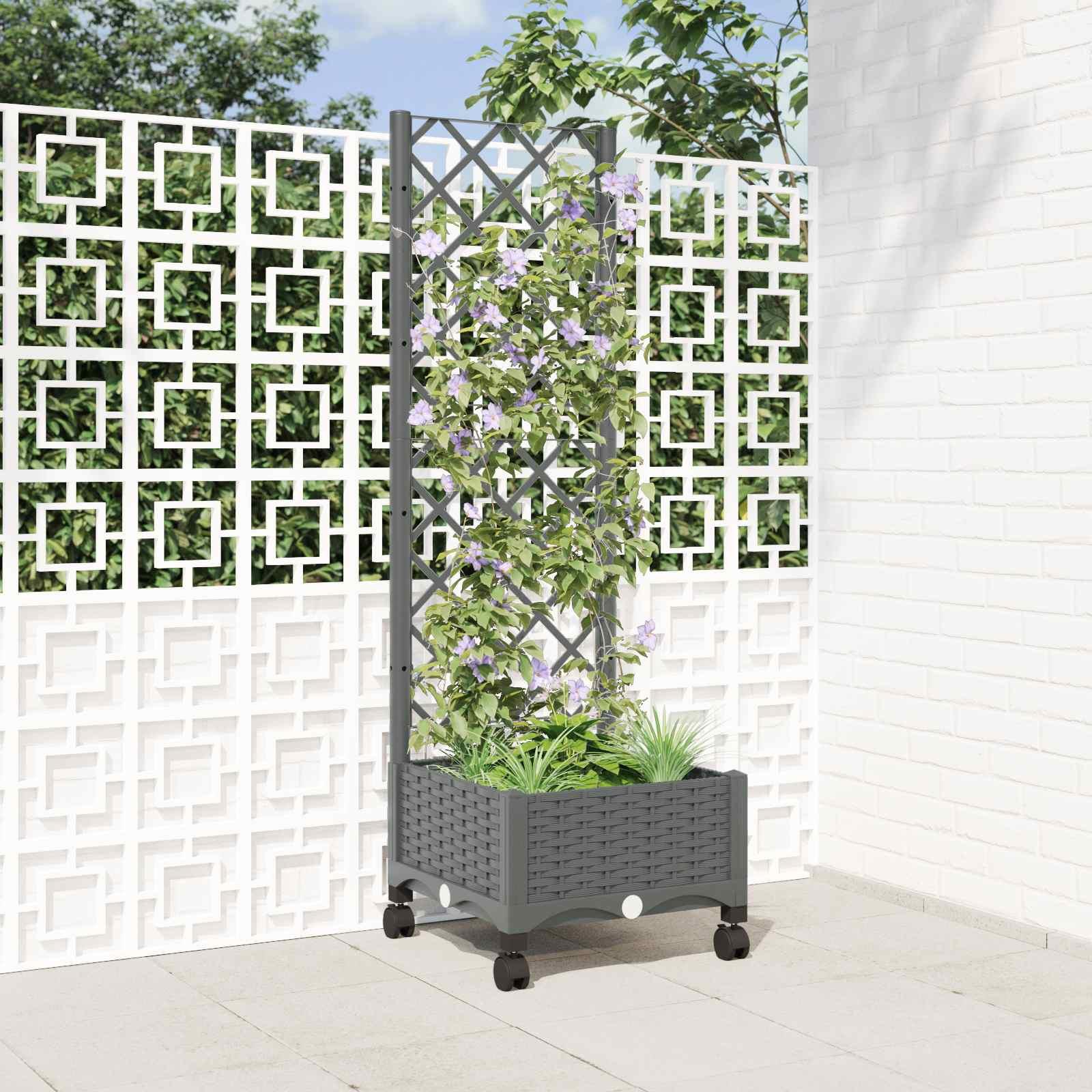 Haveplantekasse med espalier og hjul - lysegrå 40 x 40 x 131,5 cm