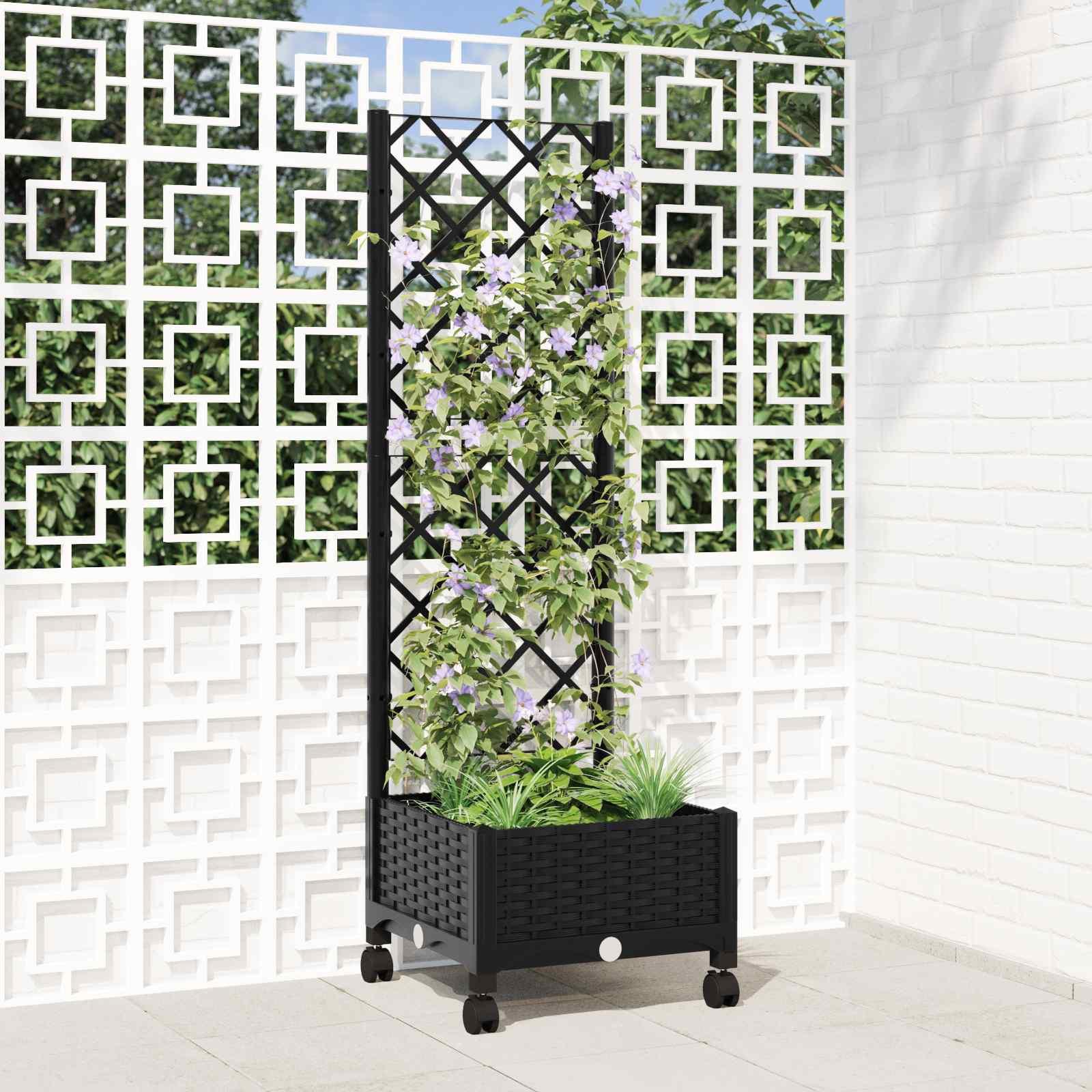 Haveplantekasse med espalier og hjul - sort PP 40 × 40 × 131,5 cm