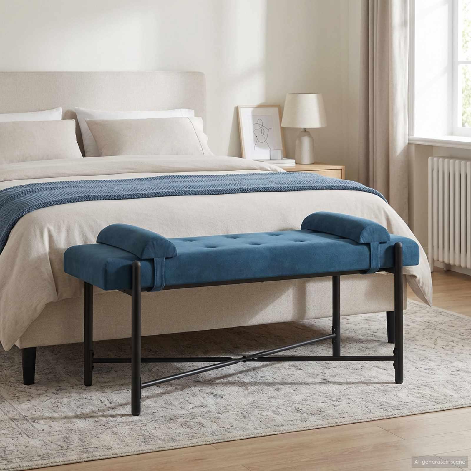 Knappet bænk med puder - velour, blå, 110 × 40 × 46 cm