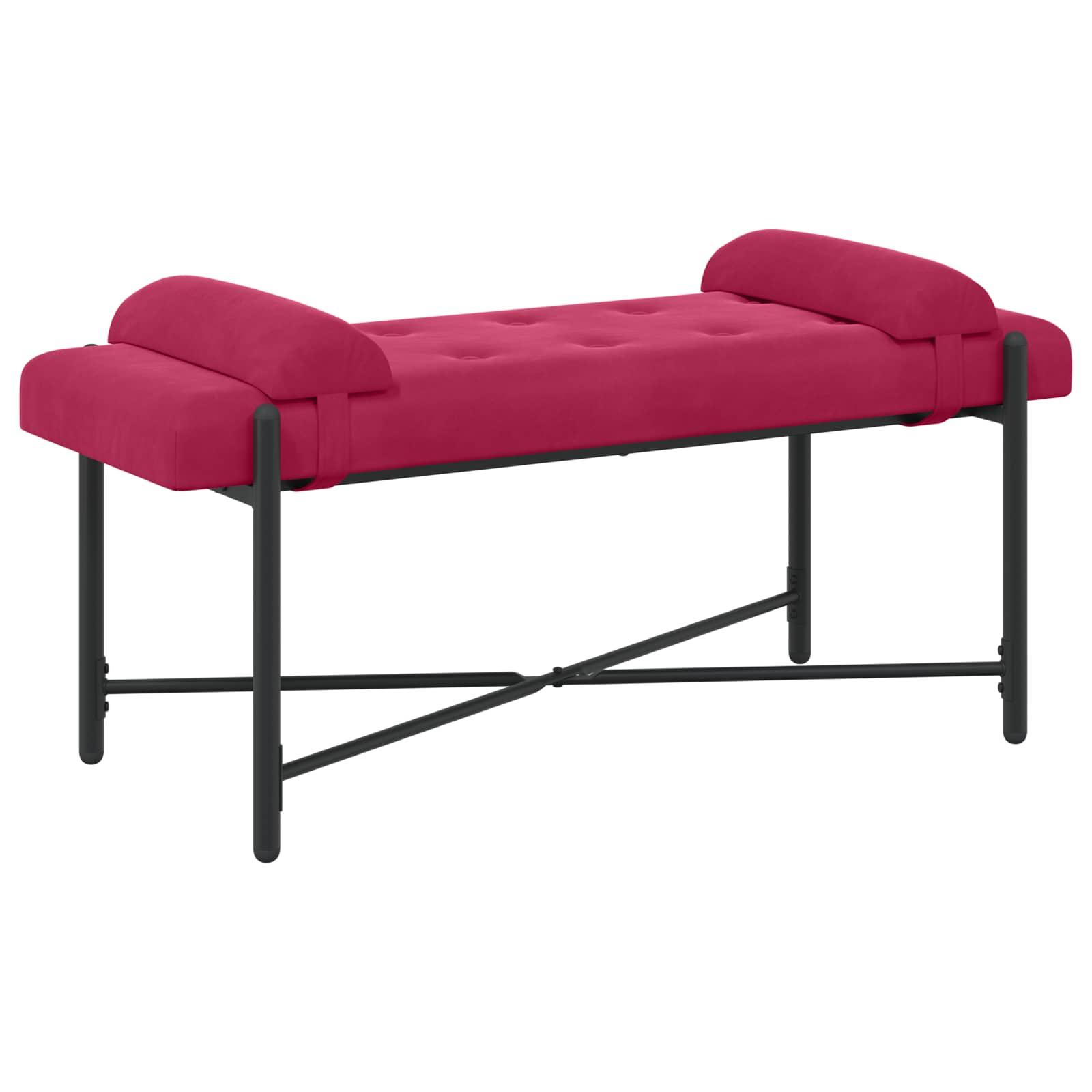 Knappet bænk med puder - velour, vinrød, 110 × 40 × 46 cm