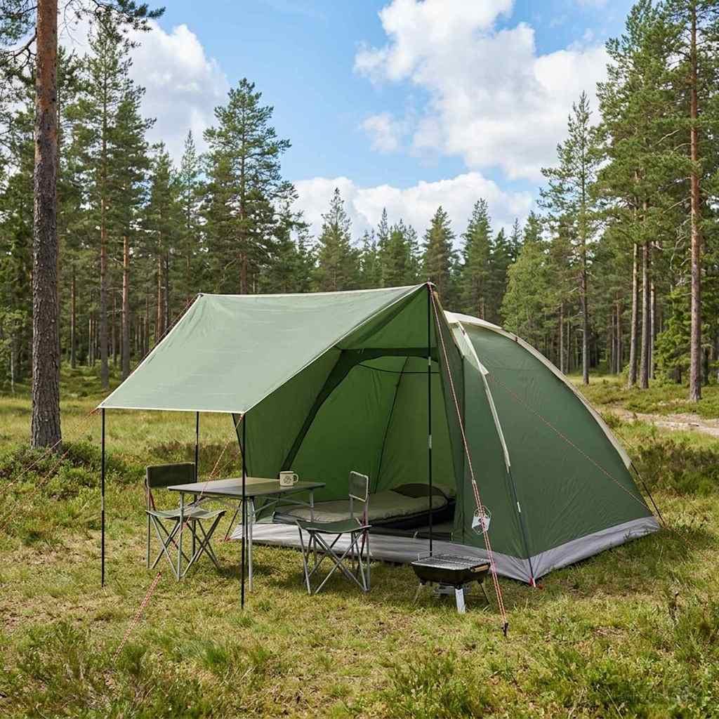 Camping telt med tag - grøn 4-personers i polyester og stål