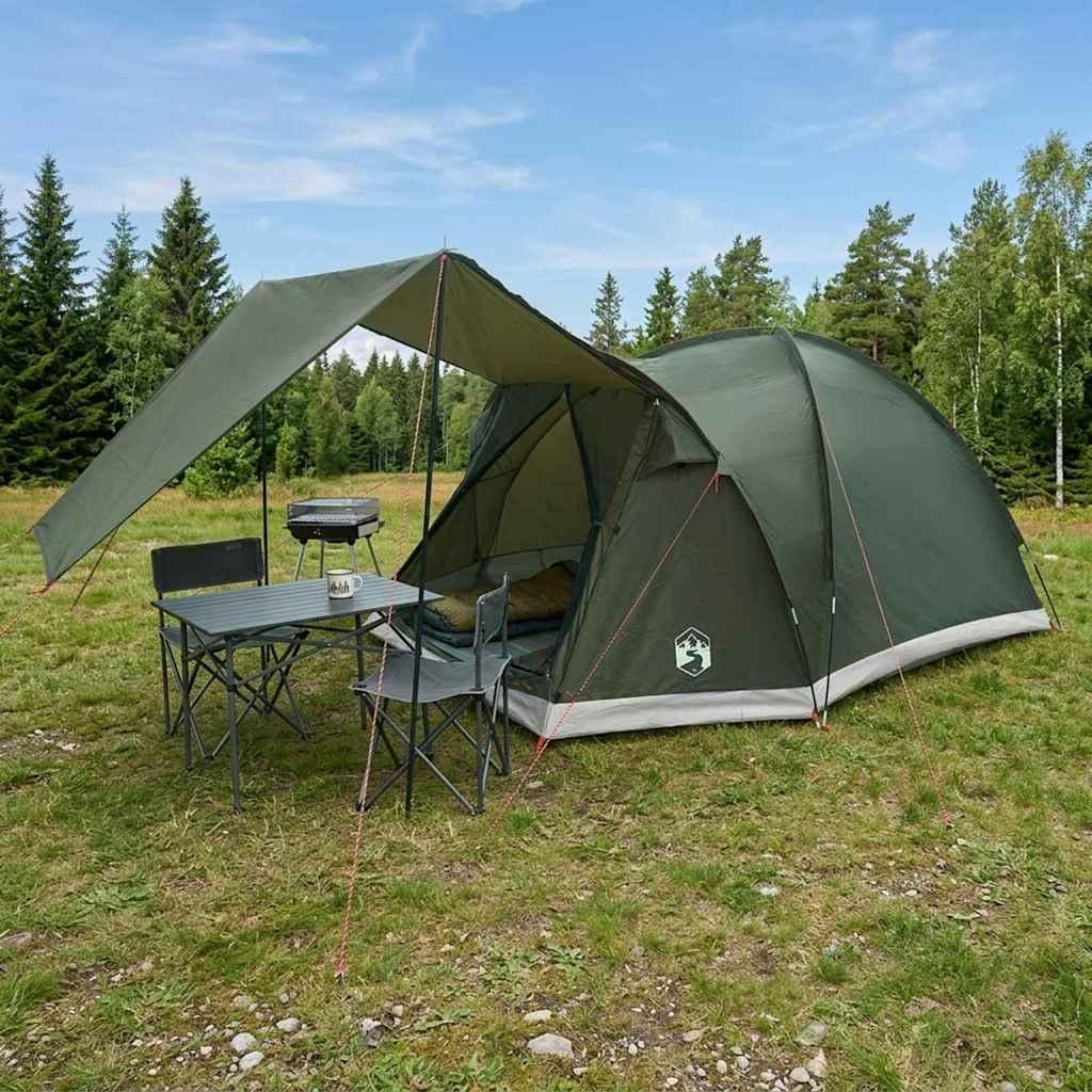Hyttetelt med tag - armygrøn 4-personers i polyester og stål